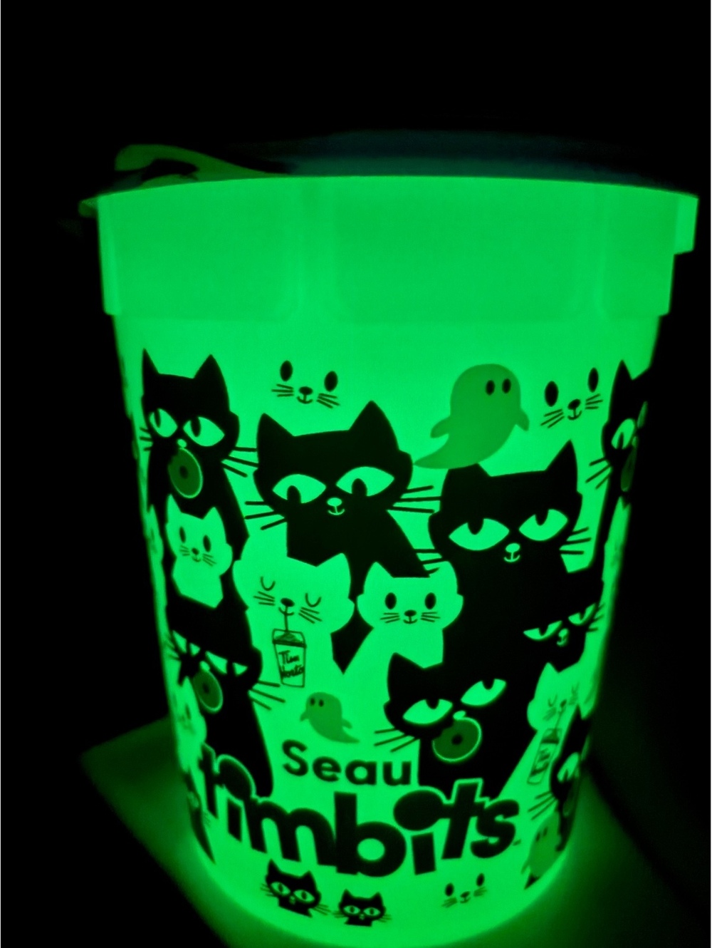 Tim Hortons Halloween Timbits Bucket Glow in the Dark Black Cats Purple Lid